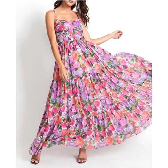PATBO Blossom Bustier Maxi Dress Rose Floral Pink Green Sleeveless Sz 10 US - Picture 1 of 11
